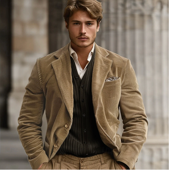 Blazer en velours côtelé pour hommes, texture luxueuse, coupe élégante idéale pour tenues décontractées ou formelles.