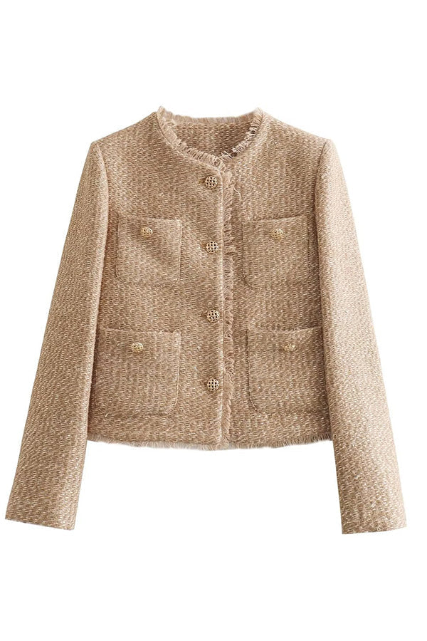 Mode féminine : Blazer beige sophistiqué à col rond, veste chic et polyvalente, parfaite pour le bureau.