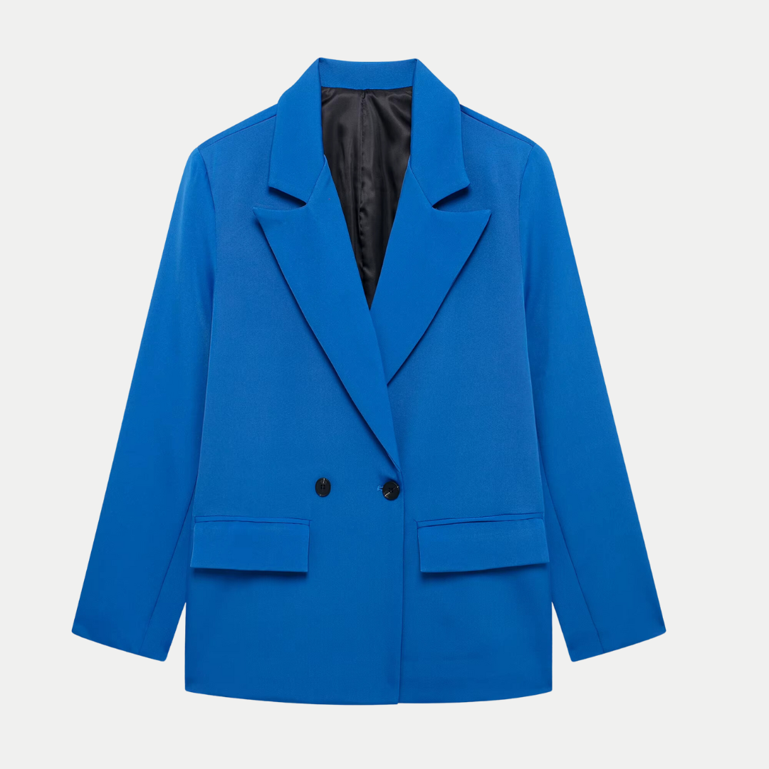 Blazer femme croisé noir, élégant, avec double boutonnage, idéal pour un look chic et professionnel.