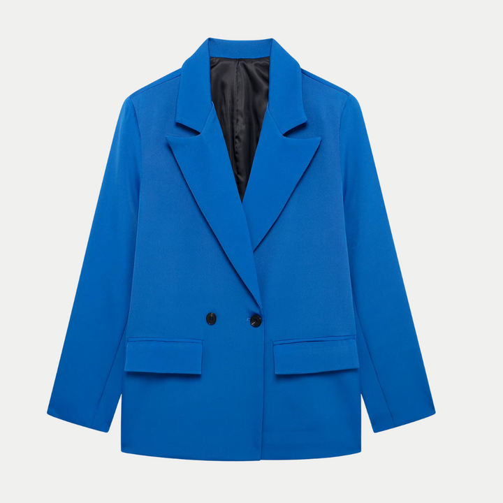 Blazer femme croisé noir, élégant, avec double boutonnage, idéal pour un look chic et professionnel.