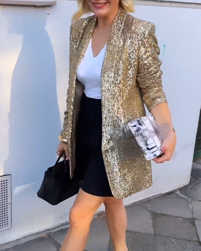 Veste blazer femme chic à paillettes dorées scintillantes, coupe élégante.