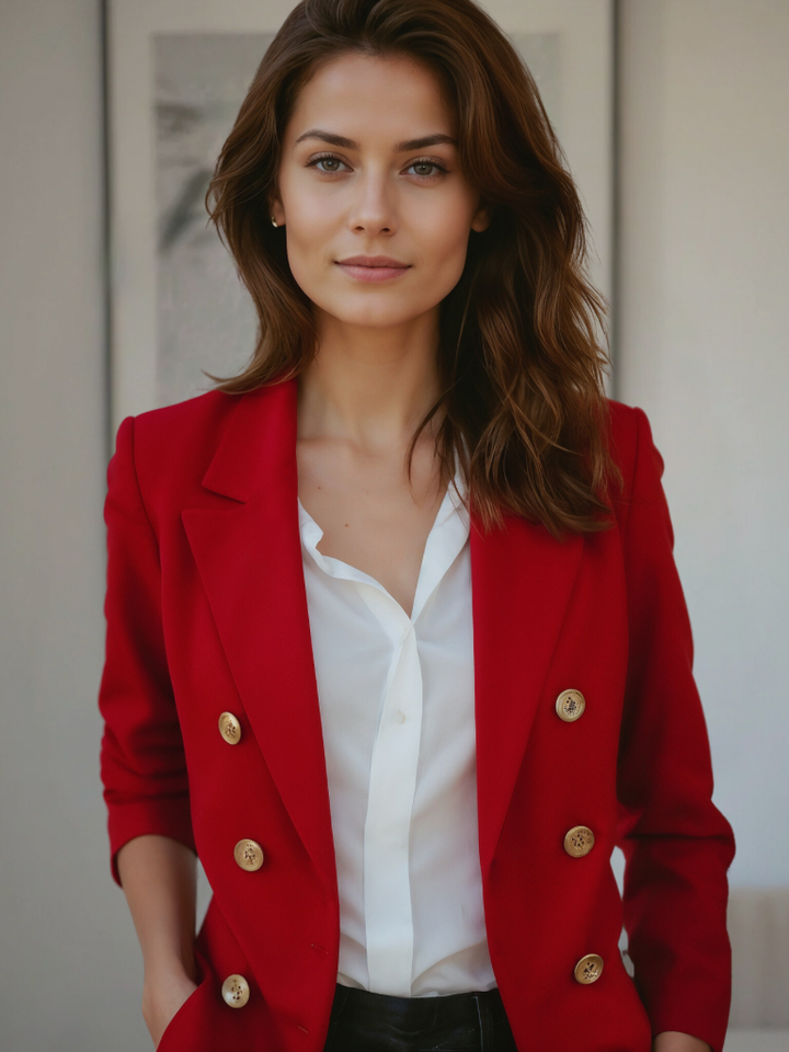 Blazer femme élégant, coupe ajustée, manches longues, poches, boutonnage double.  Look chic et confortable.