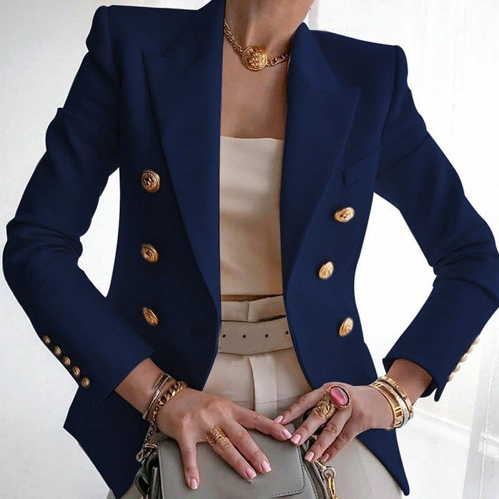 Blazer femme élégant, coupe ajustée, manches longues, poches, boutonnage double.  Look chic et confortable.