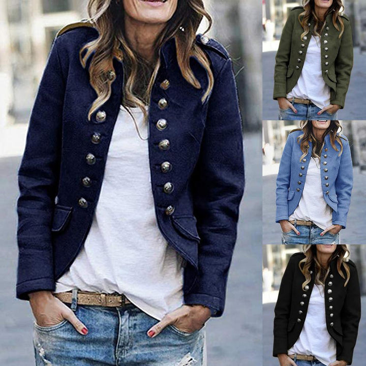 Blazer femme élégant à col montant, style sophistiqué pour bureau ou ville.