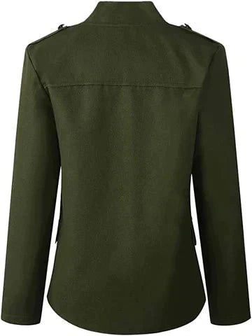 Blazer femme sophistiqué à col montant, coupe élégante, parfait pour le travail et les sorties.