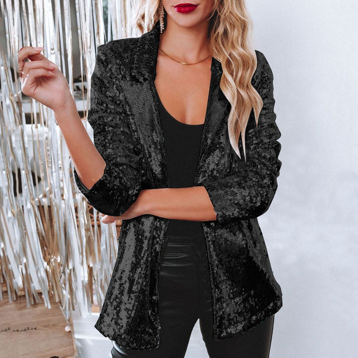 Blazer femme à paillettes scintillantes, idéal pour les soirées et tenues festives. Élégance moderne.