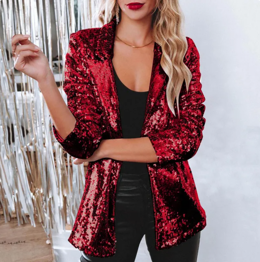 Blazer femme à paillettes, veste de soirée chic et glamour, pour une tenue festive brillante et moderne.