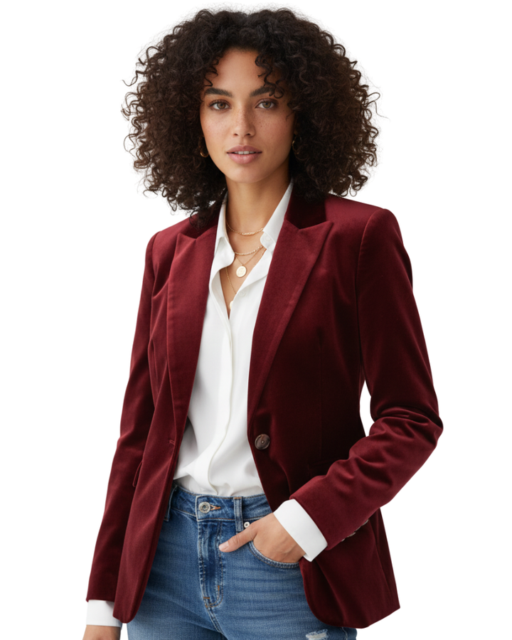 Blazer femme vert élégant avec boutons dorés. Parfait pour le bureau ou un look chic raffiné.