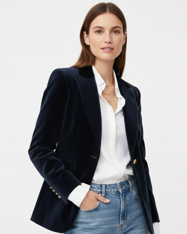 Veste blazer femme chic vert émeraude, style rétro moderne, idéal pour toutes saisons et tenues.