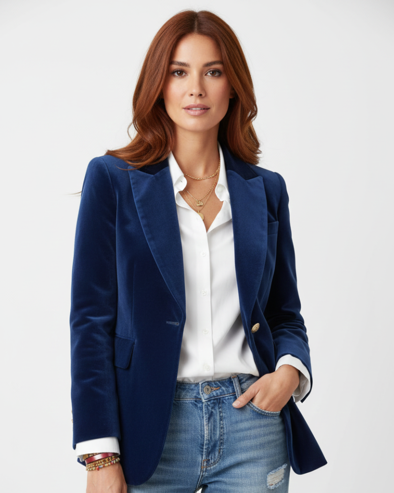Blazer femme vert à coupe élégante, rehaussé de boutons dorés. Tendance mode féminine.