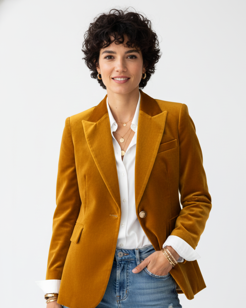 Blazer femme vert olive à boutons dorés. Idéal pour tenue de bureau professionnelle ou look casual chic.