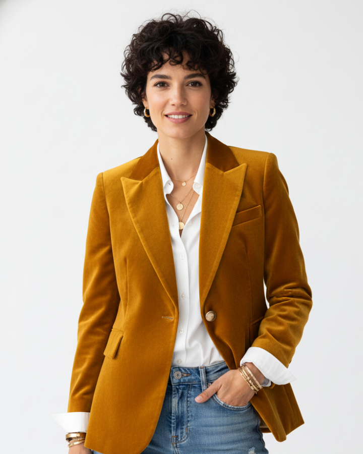 Blazer femme vert olive à boutons dorés. Idéal pour tenue de bureau professionnelle ou look casual chic.