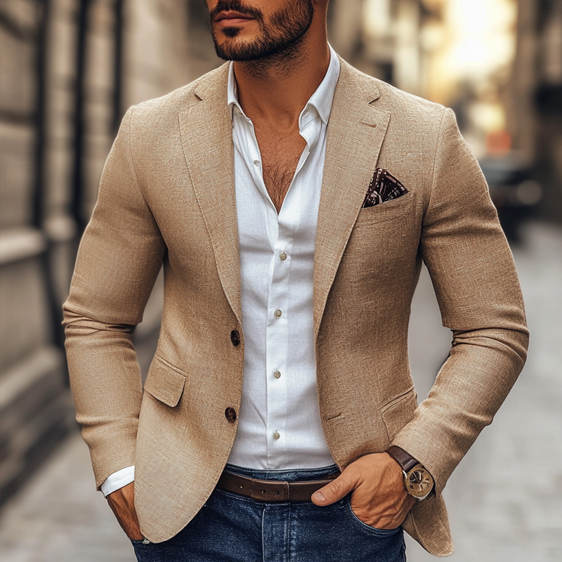 Veste blazer décontractée homme, coupe moderne, deux boutons, marine. Look chic et polyvalent.