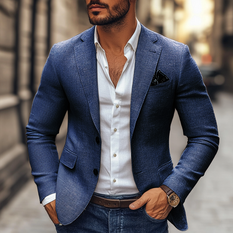 Blazer homme casual chic, coupe moderne, deux boutons. Vêtement élégant pour un style décontracté sophistiqué.