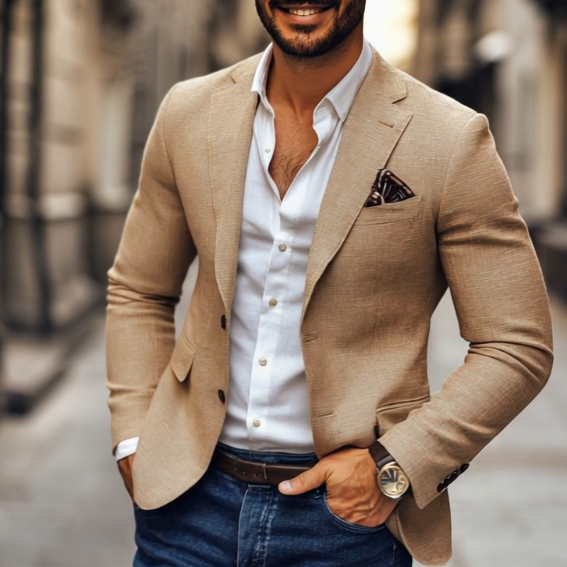 Blazer deux boutons homme, style décontracté élégant. Parfait pour une mode masculine moderne et polyvalente.