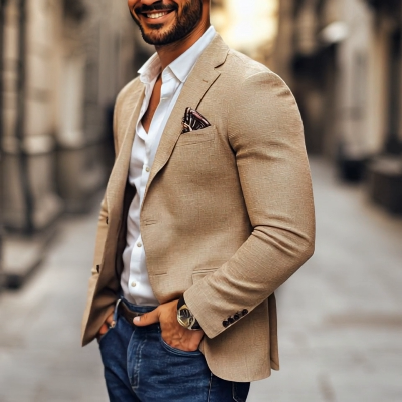 Veste homme décontractée élégante, blazer à deux boutons. Idéal pour un look moderne et tenue de bureau chic.
