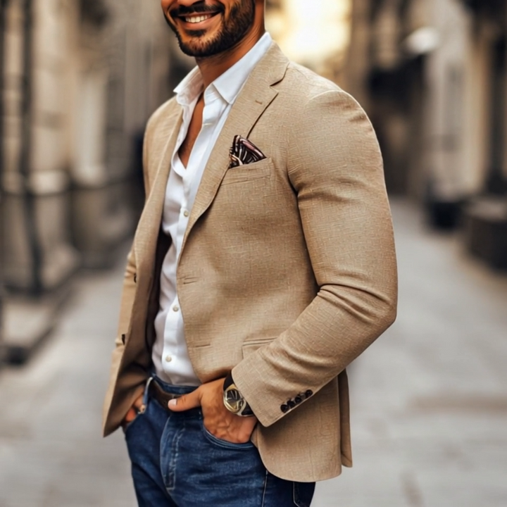 Veste homme décontractée élégante, blazer à deux boutons. Idéal pour un look moderne et tenue de bureau chic.