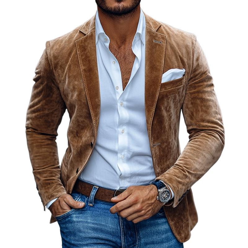 Blazer homme en suède marron clair, coupe ajustée, style élégant et moderne.