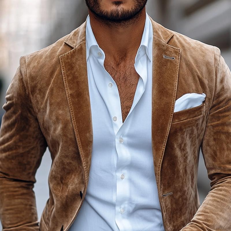 Blazer homme en suède marron clair, coupe ajustée, style élégant et moderne.