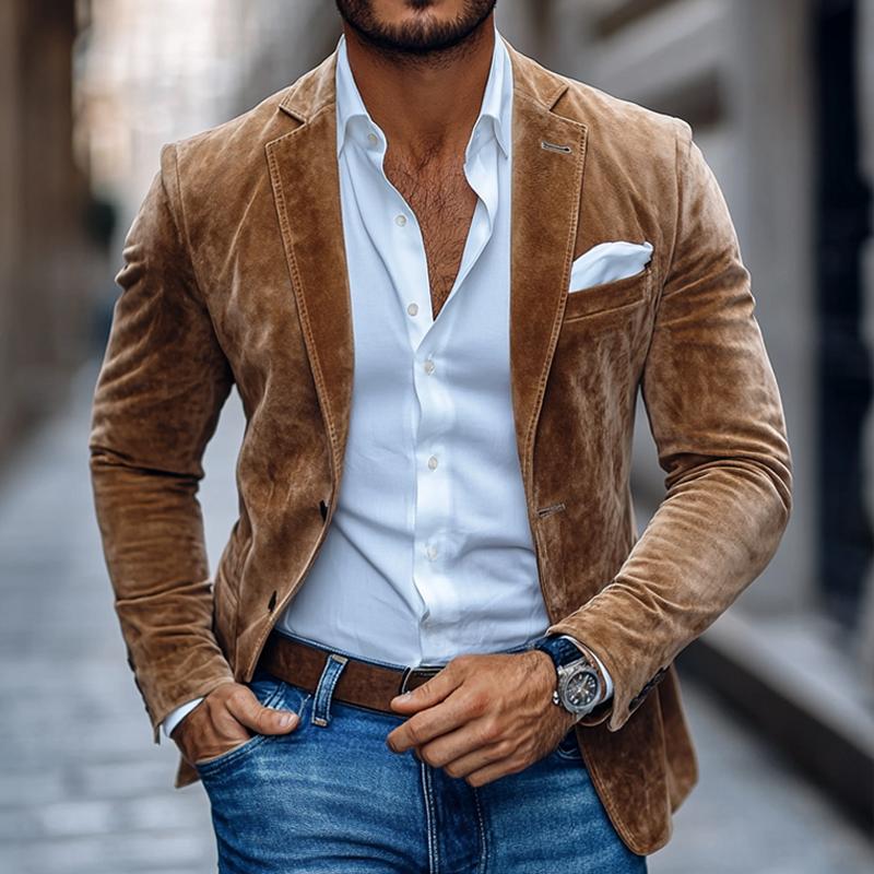 Blazer homme en suède marron clair, coupe ajustée, style élégant et moderne.