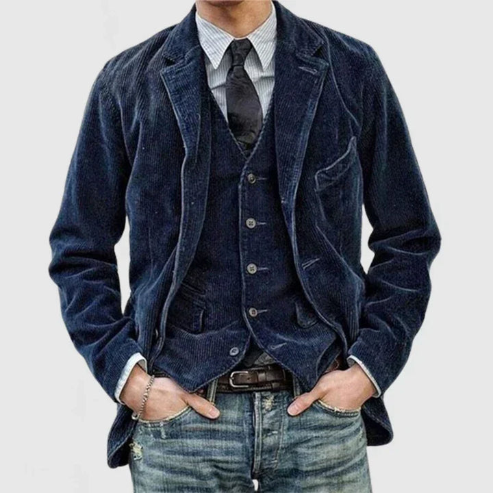 Blazer homme velours côtelé, coupe ajustée, style moderne et chic.  Parfait pour toutes occasions.
