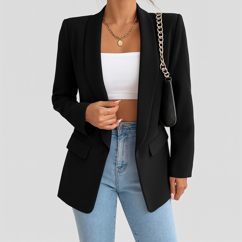 Blazer élégant femme automne, coupe raffinée, idéal tenue bureau et style chic.