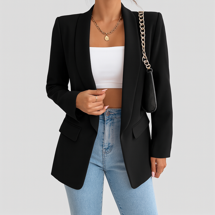 Blazer élégant femme automne, coupe raffinée, idéal tenue bureau et style chic.