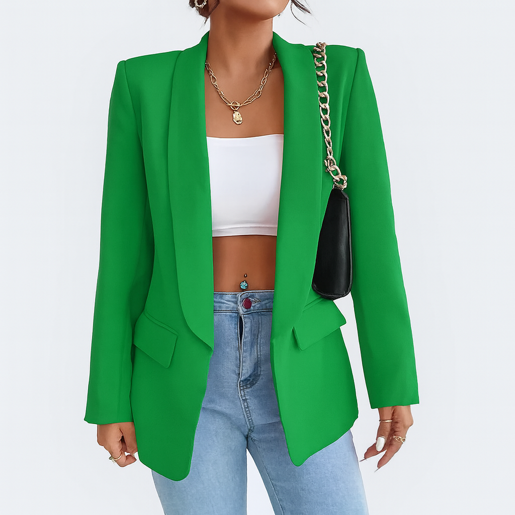 Blazer long femme, style décontracté chic, veste polyvalente pour mode automne et tenue de bureau.
