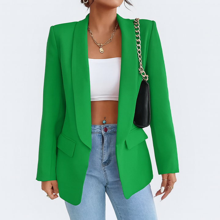 Blazer long femme, style décontracté chic, veste polyvalente pour mode automne et tenue de bureau.