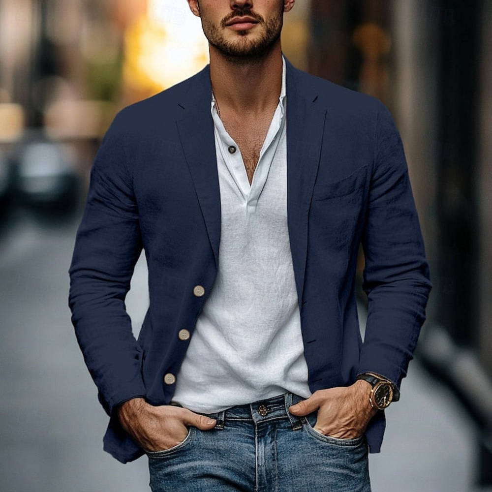 Blazer léger homme, élégant et décontracté, bleu marine, coupe moderne, idéal pour l'été et les journées chaudes.