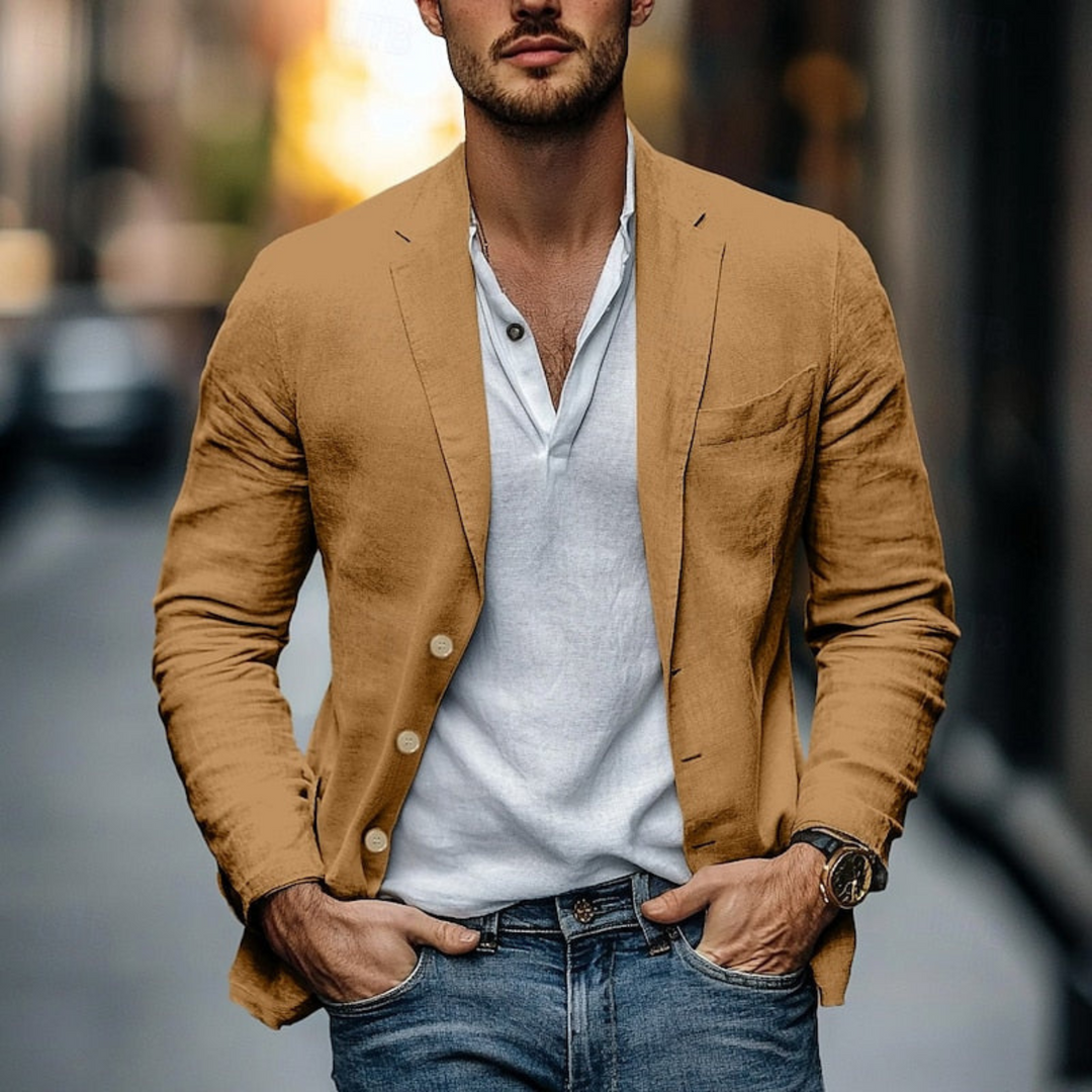 Blazer léger homme, élégant et décontracté, bleu marine, coupe moderne, idéal pour l'été et les journées chaudes.