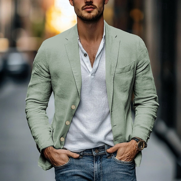 Blazer léger homme, élégant et décontracté, bleu marine, coupe moderne, idéal pour l'été et les journées chaudes.