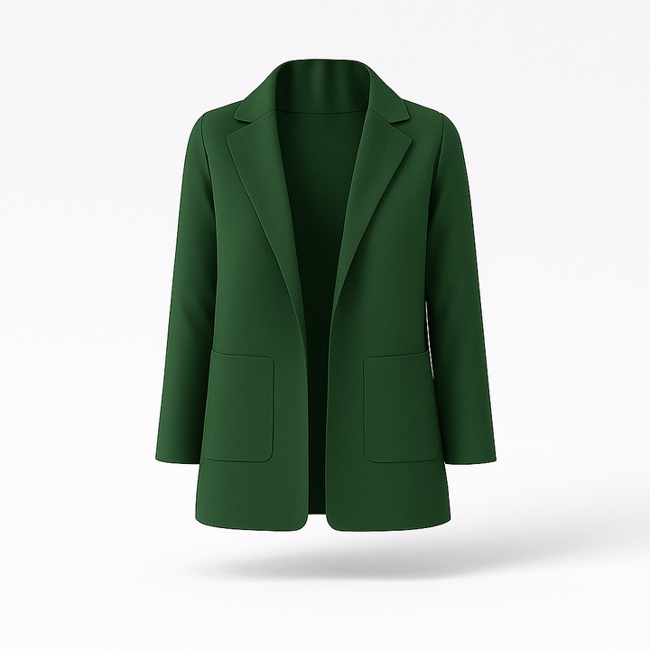 Blazer femme long kaki élégant. Une veste essentielle pour la mode automne, bureau ou sortie.