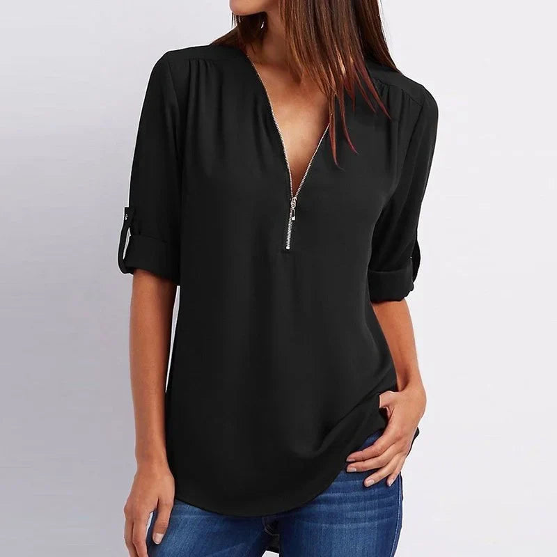 Chemisier ample femme grande taille, décontracté, manches 3/4, fermeture éclair. Confort optimal.