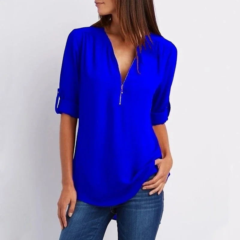 Blouse élégante femme grande taille, ample, fermeture éclair, manches 3/4. Look moderne et chic.