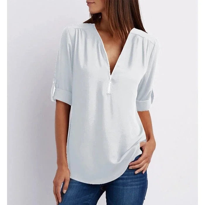 Blouse confortable femme grande taille, ample, manches 3/4, fermeture éclair. Idéale au quotidien.
