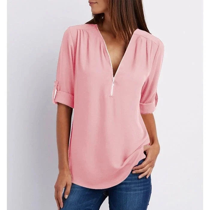 Chemisier ample femme grande taille, décontracté, col zippé, manches 3/4. Tendance et agréable à porter.