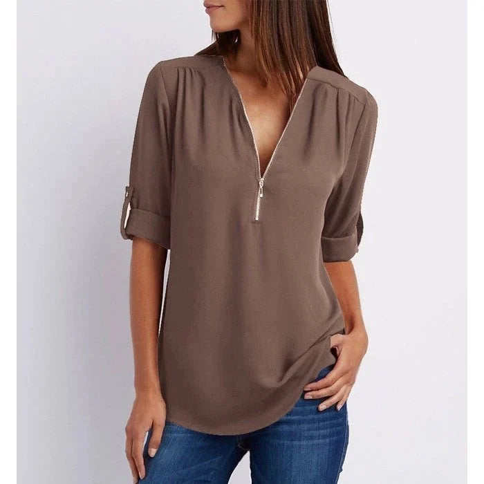 Blouse décontractée chic femme grande taille, ample, manches 3/4, zip. Facile à associer.