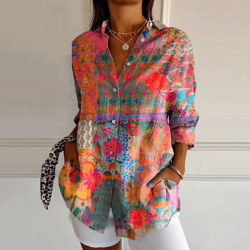 Blouse bohème, manches longues, imprimé floral multicolore.  Élégante et légère.  Vêtements femme.