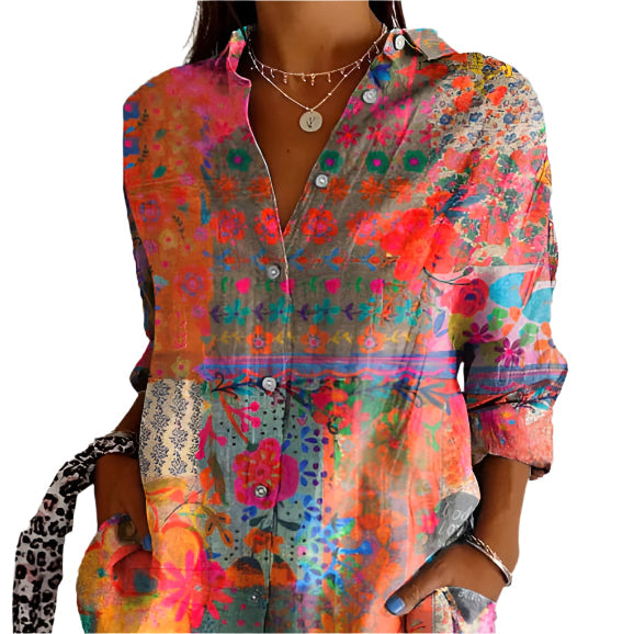 Blouse bohème, manches longues, imprimé floral multicolore.  Élégante et légère.  Vêtements femme.