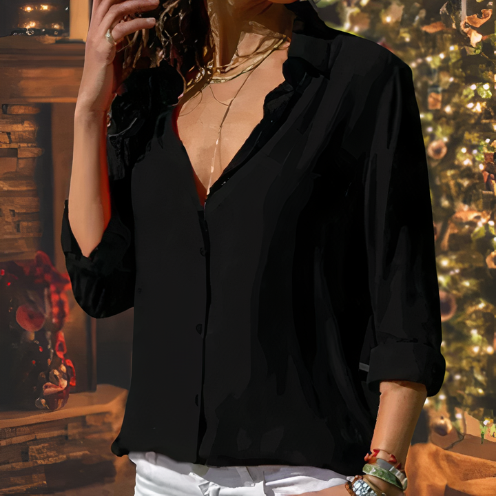 "Blouse en mousseline de soie légère pour femme, coupe élégante et fluide, couleur douce, manche longue, col délicat."