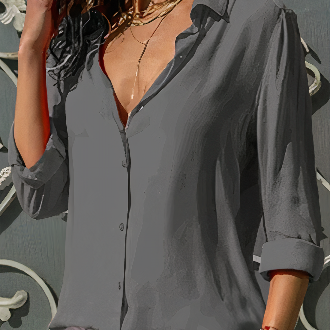 "Blouse en mousseline de soie légère pour femme, coupe élégante et fluide, couleur douce, manche longue, col délicat."