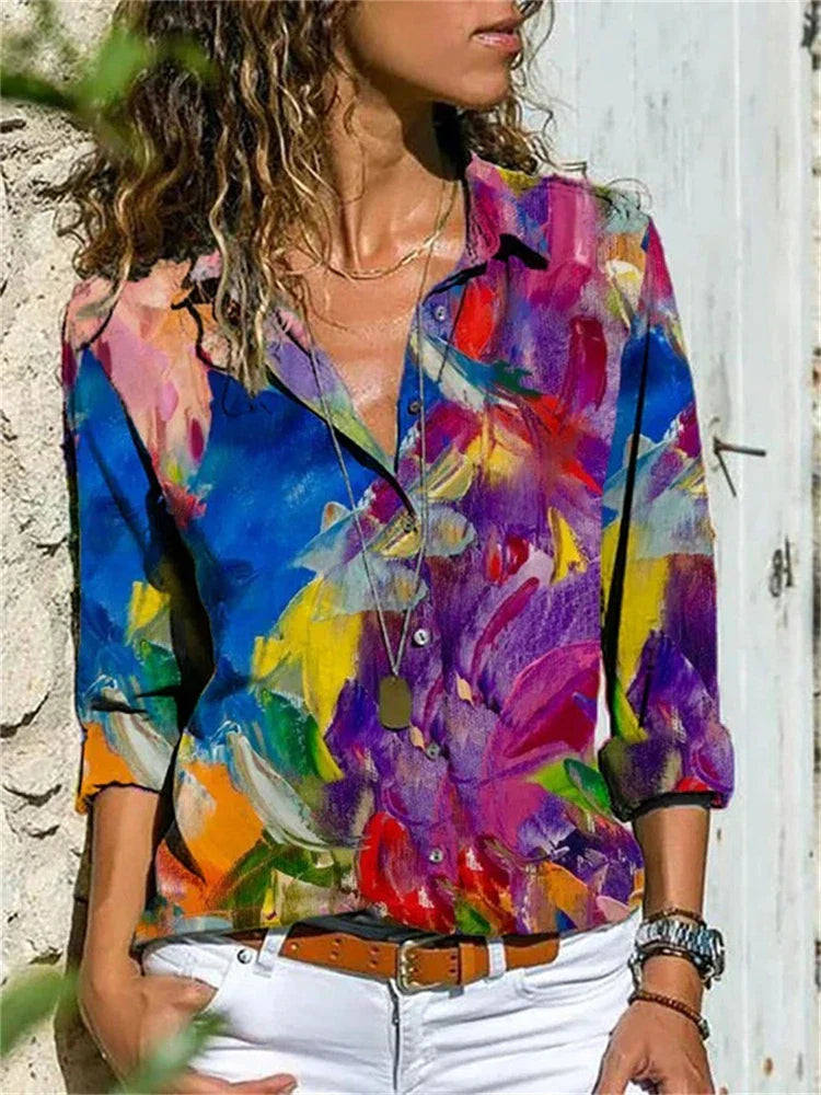 Blouse féminine évasée, couleurs vibrantes, manches longues, idéale pour l'été et occasions spéciales, style chic et élégant.
