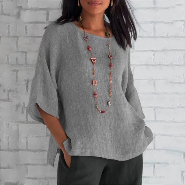Haut femme Élégance Saori, fluide et chic. Idéal pour un style polyvalent en été ou au printemps.