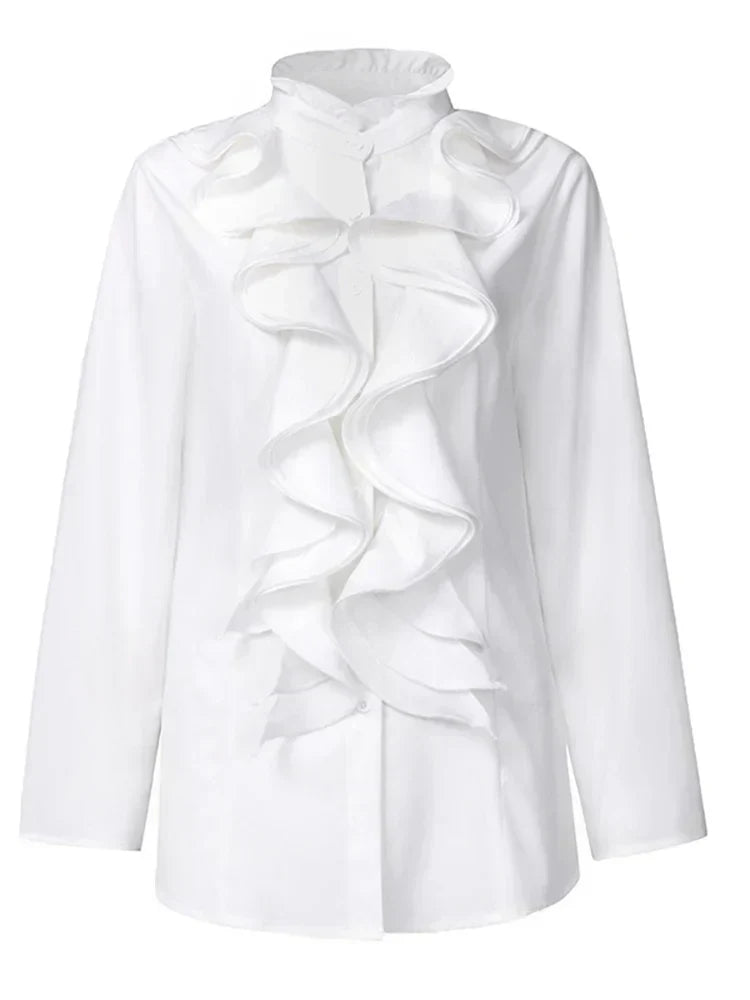 Haut femme mode à volants, design raffiné, manches longues, pour un style féminin et polyvalent.