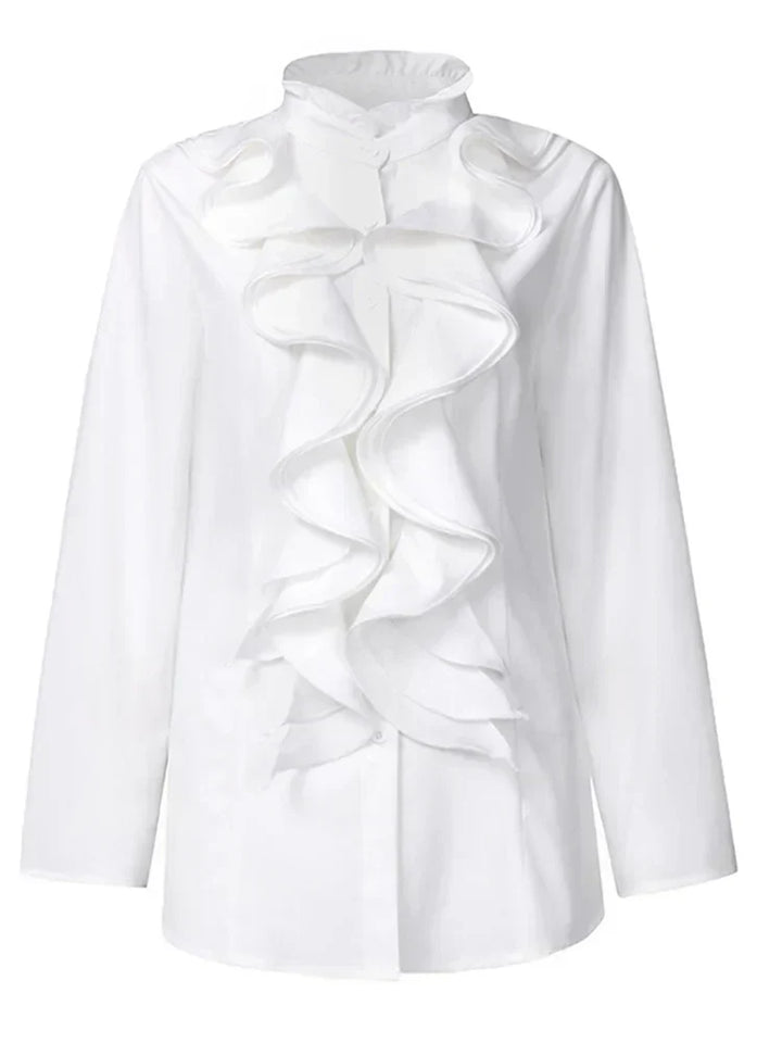 Haut femme mode à volants, design raffiné, manches longues, pour un style féminin et polyvalent.
