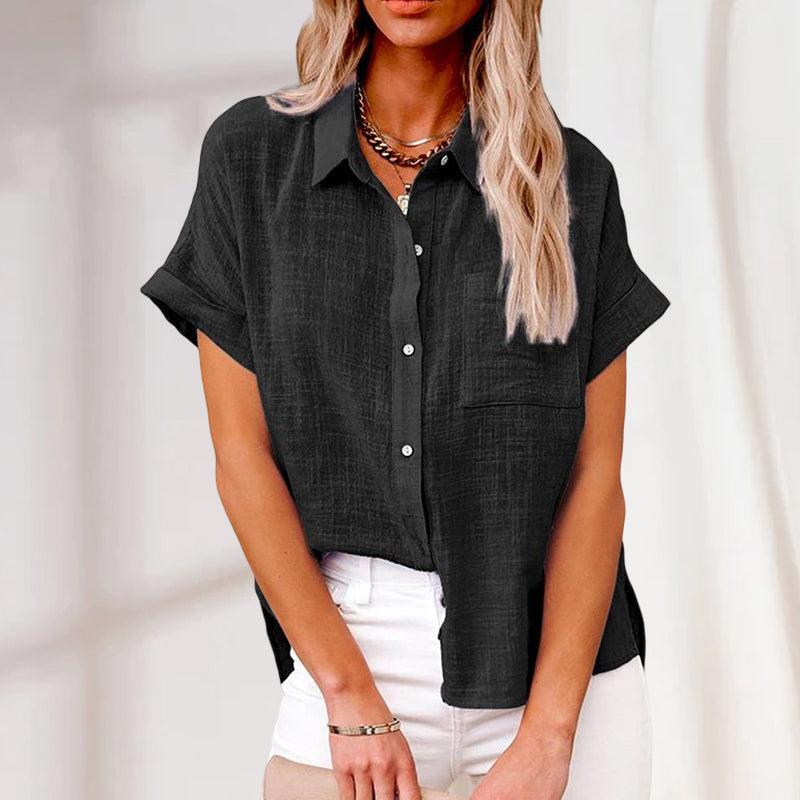 Blouse femme polyvalente, manches courtes. Look chic ou décontracté pour printemps/été.
