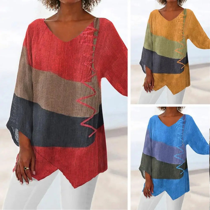 Blouse femme estivale Harper à manches longues, col en V, dentelle et broderies, silhouette aérienne et fluide.