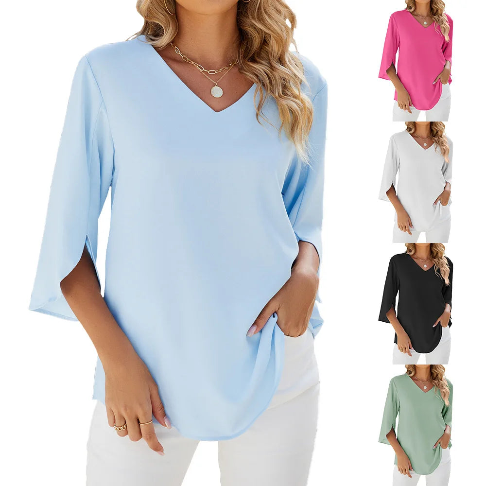 Blouse femme élégante à col V et manches 3/4, parfaite pour le bureau ou le style quotidien.