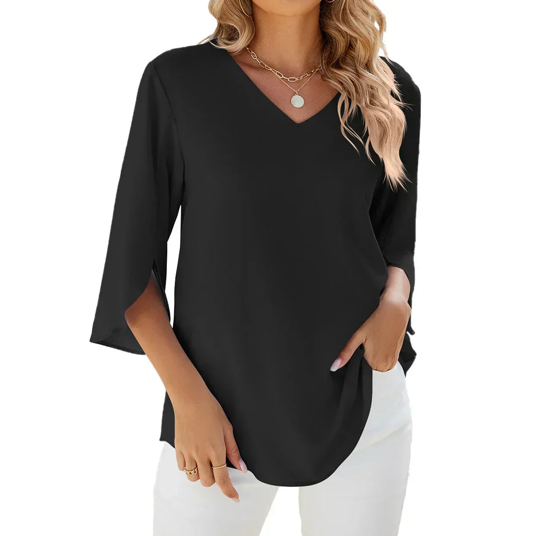 Blouse femme à col V, manches 3/4, élégante et décontractée, pour toutes les occasions.